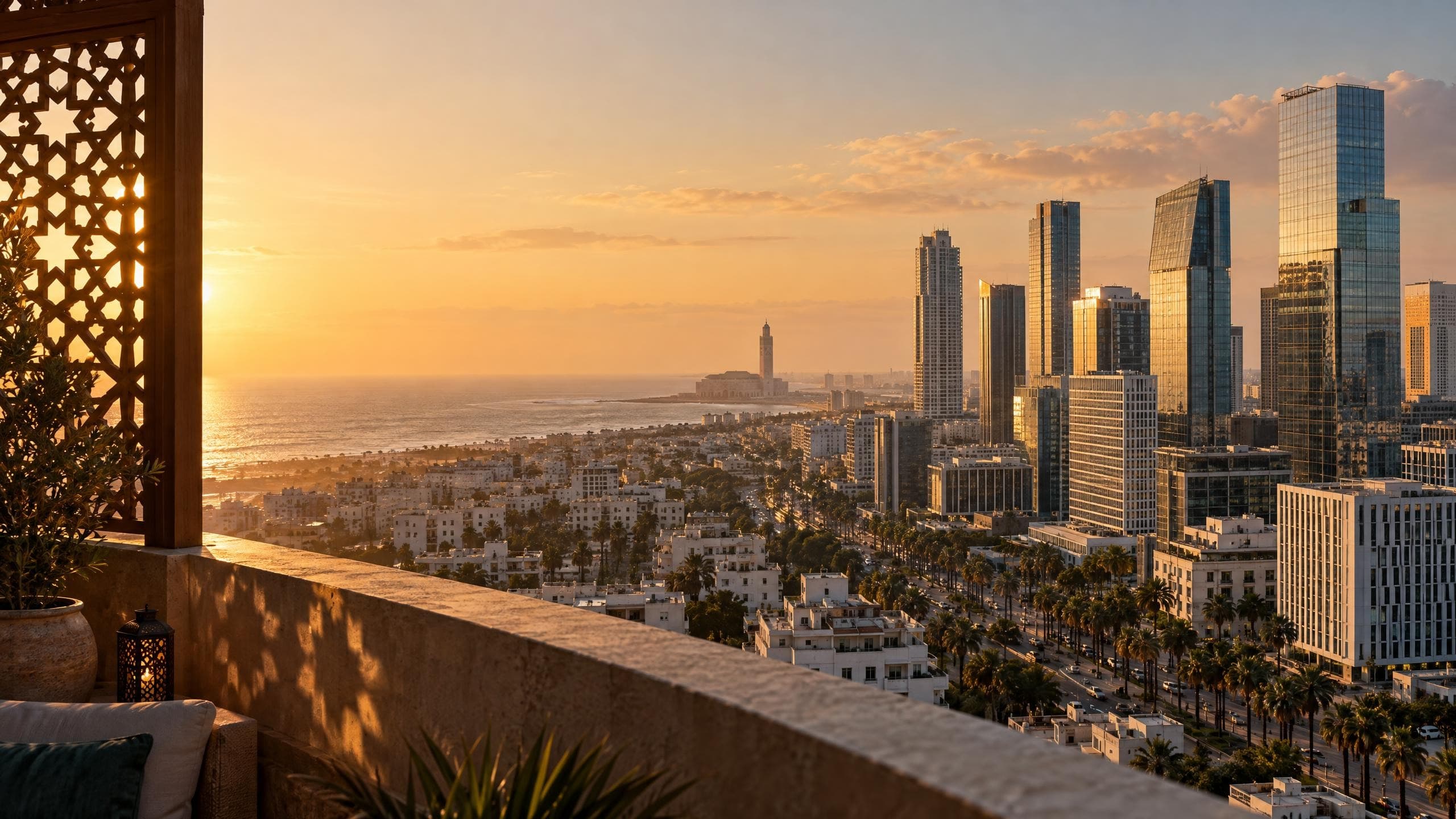 Casablanca au coucher du soleil depuis une terrasse : un moucharabieh projette des étoiles de lumière, les tours du quartier d’affaires et l’océan au loin