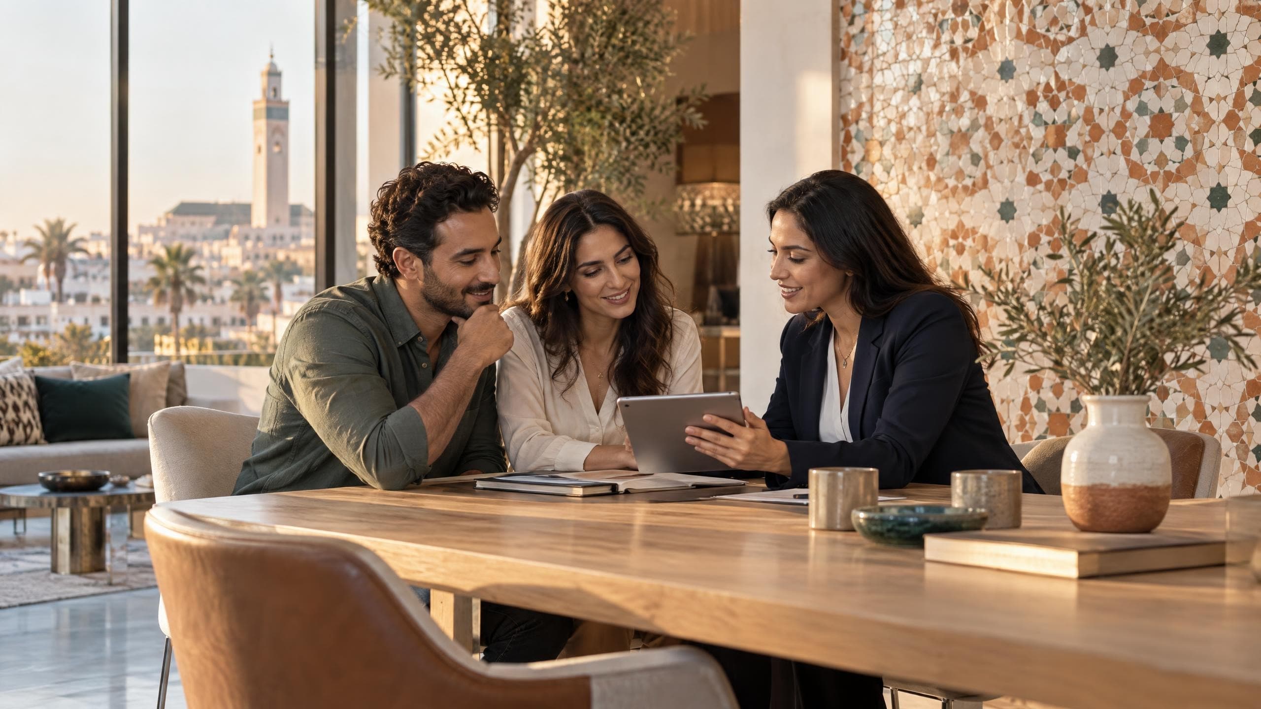 Un conseiller et un couple étudient un contrat sur une tablette dans une agence d’assurance