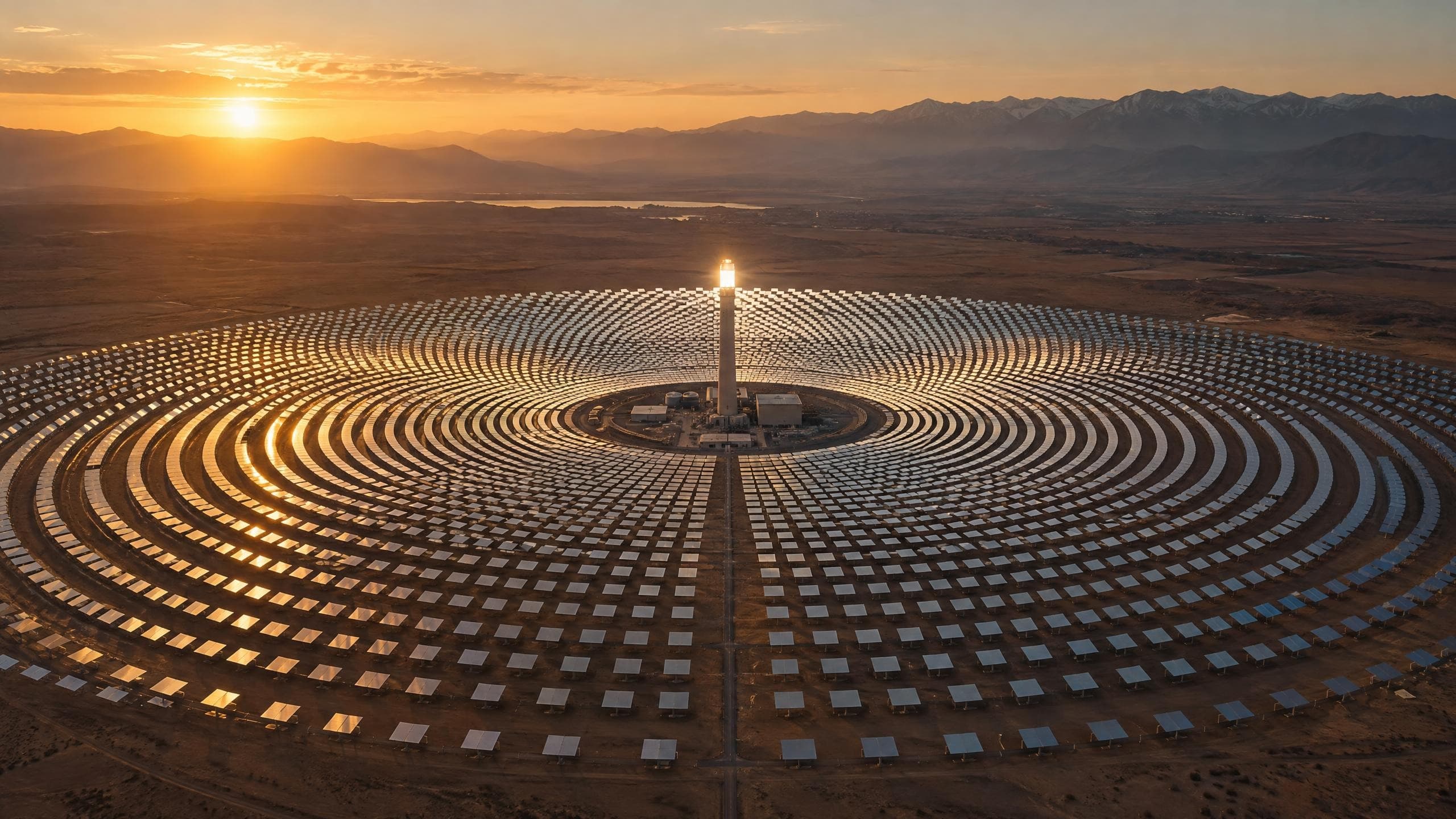 Une centrale solaire à concentration dans le désert marocain au coucher du soleil