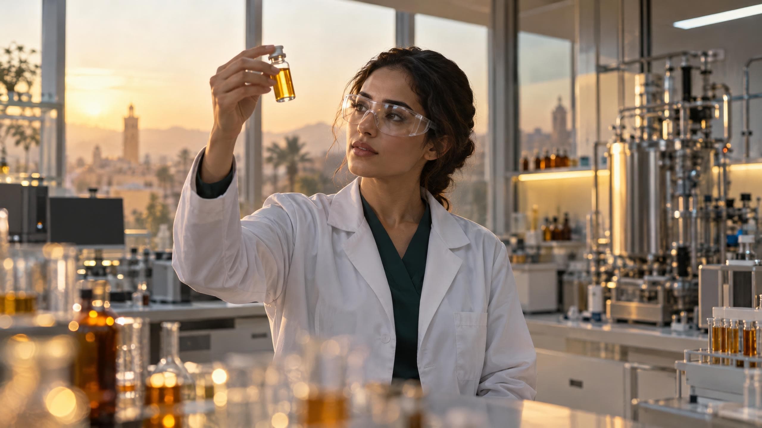 Une scientifique examine un flacon dans un laboratoire pharmaceutique